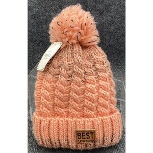 FRIO Beanie Hat Winter Fleeced Lined Chunky Thick Pink Stretchy Pom Pom Cable